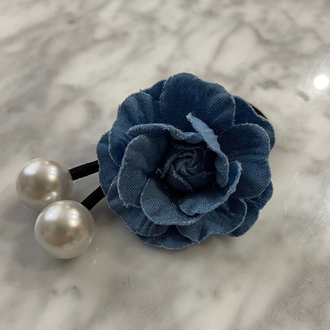 限定sale♡ ブラックトルマリン flower×デニムヘアゴム*・ ながさ